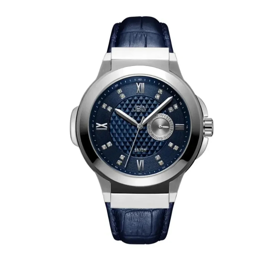 NEW Saxon 48 Genuine Leather Dial Wrist Watch Stainless Steel Blue Silver-Tone